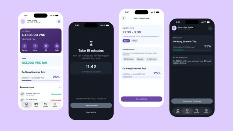 Four Timo mobile screens showing the Future Self Shield flow and the Free to Spend home screen
