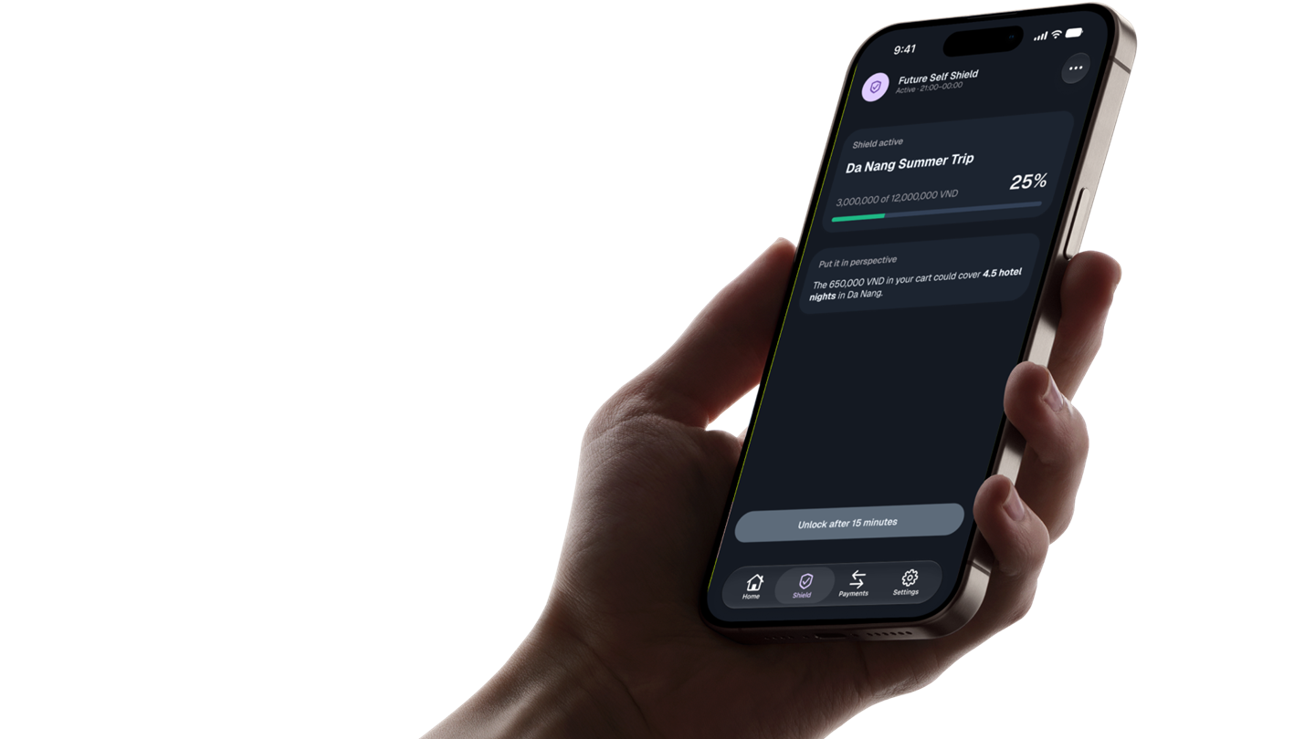Future Self Shield concept shown across protection, setup, waiting, and home screens