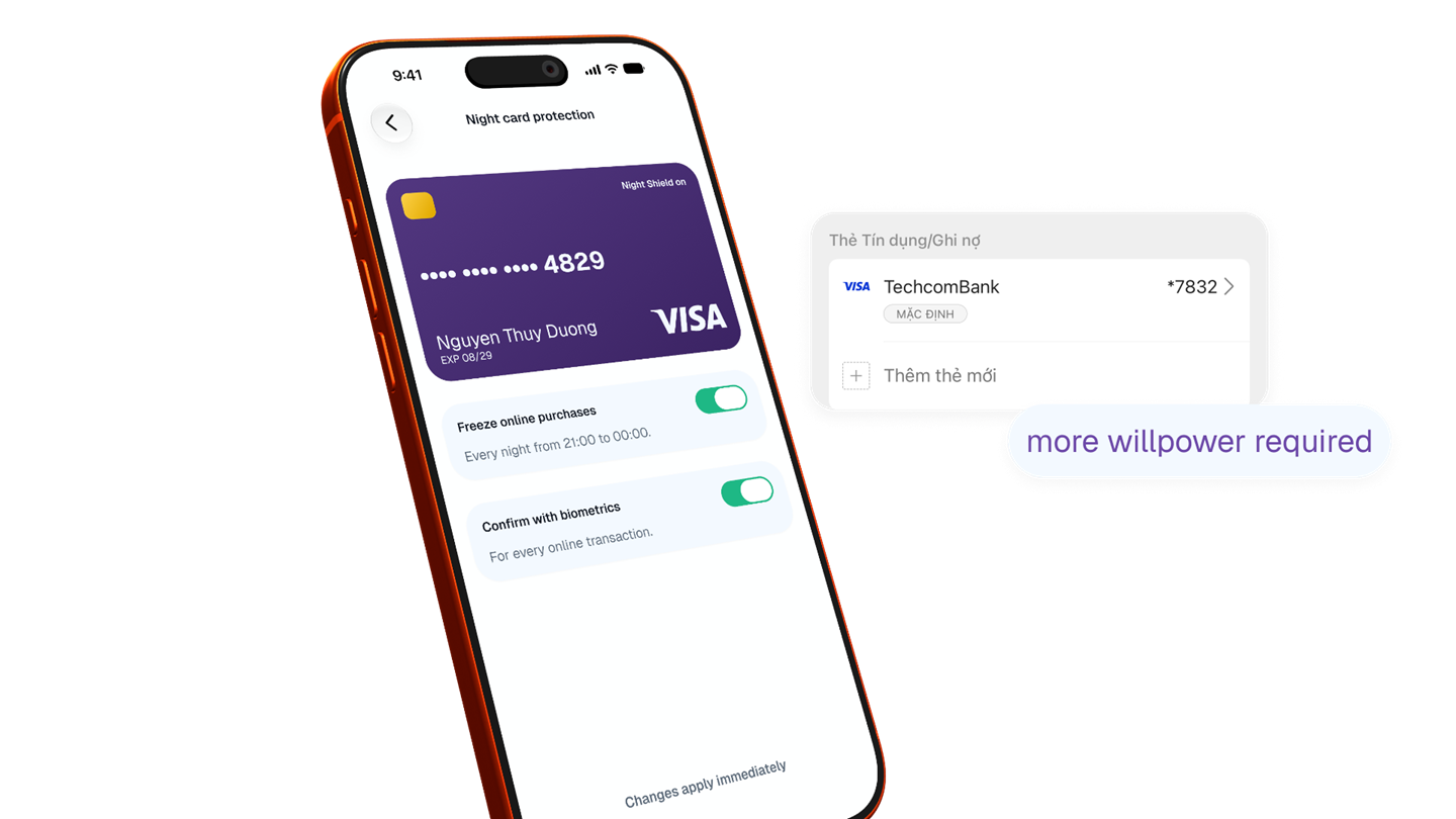 Night card protection concept beside the existing card choice, illustrating the willpower problem at checkout