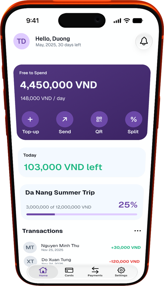 Timo Free to Spend home screen with daily amount, savings goal, and transactions