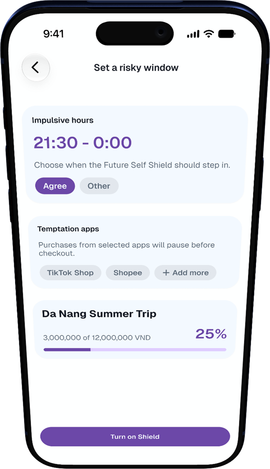 Risky Window setup screen with impulsive hours, temptation apps, and the Da Nang savings goal