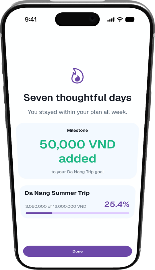 Seven thoughtful days streak screen adding 50,000 VND to the Da Nang trip goal